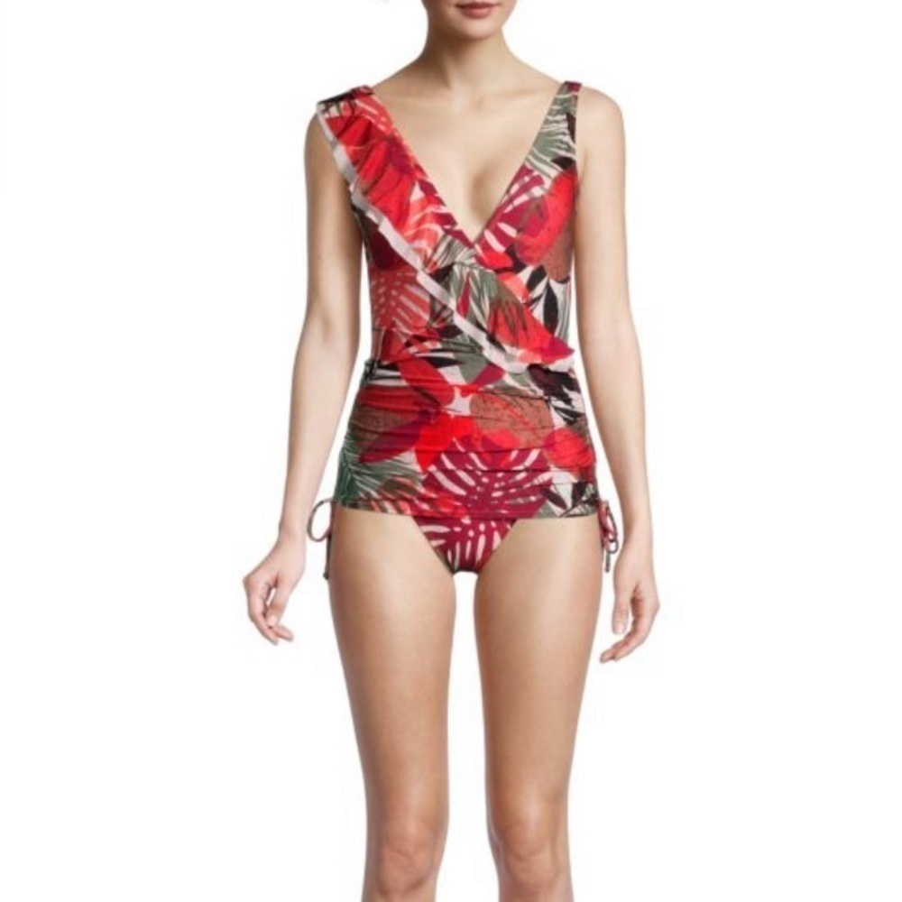 Carmen Marc Valvo Women’s Ruched One Piece Swimsuit Floral Red Size M